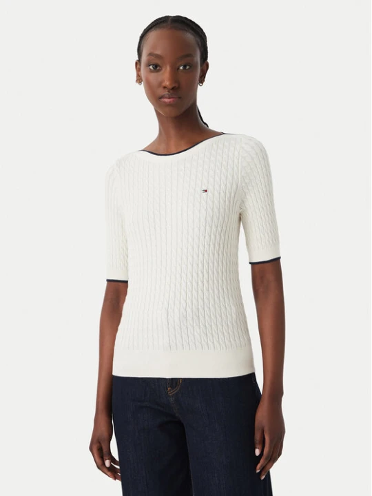 Zdjęcie produktu Tommy Hilfiger Bluzka Fine Gg Cable Boat WW0WW50103 Beżowy jasny Regular Fit