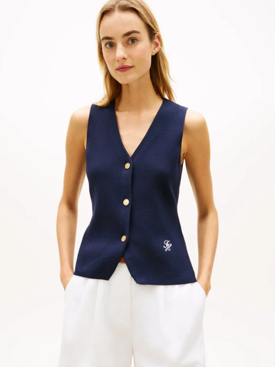 Zdjęcie produktu Tommy Hilfiger kamizelka z dzianiny - Full Needle Slim Vest Kobiety Bawełna (100%) niebieski