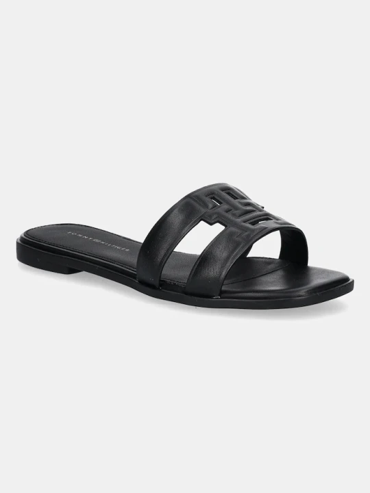 Zdjęcie produktu Tommy Hilfiger klapki na płaskim obcasie damskie skórzane TH LOGO STRAP MULE czarny