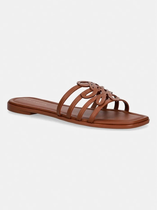 Zdjęcie produktu Tommy Hilfiger klapki z odkrytymi palcami damskie skórzane TH SCRIPT FLAT MULE LTH brązowy