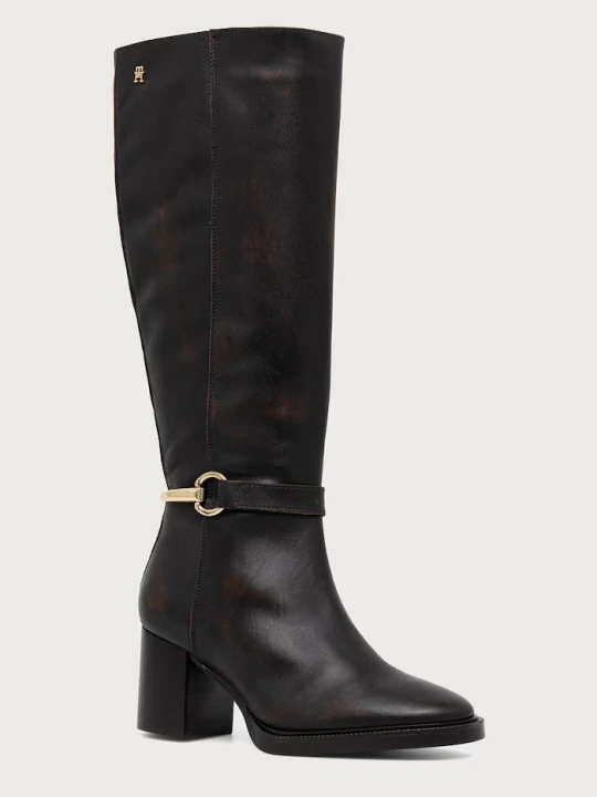 Zdjęcie produktu Tommy Hilfiger kozaki na słupku damskie skórzane TH STUD HEEL RIDING KNEE BOOT brązowy