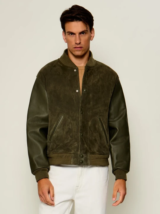 Zdjęcie produktu Tommy Hilfiger Kurtka bomber Varsity | zamsz | z dodatkiem skóry oliwkowy