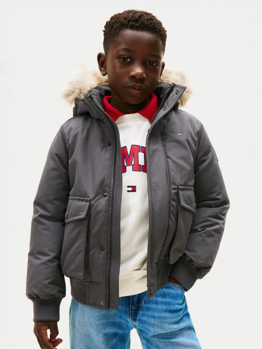 Zdjęcie produktu Tommy Hilfiger Kurtka zimowa Hooded Fake Fur Bomber KB0KB09887 Szary Regular Fit