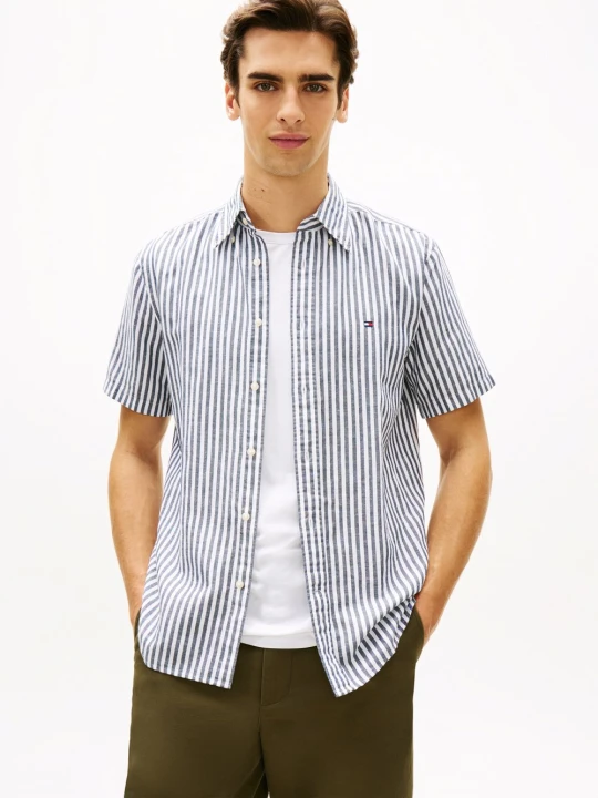 Zdjęcie produktu Tommy Hilfiger koszula z krótkim rękawem z lnu Mężczyźni Regular Fit Bawełna czarny