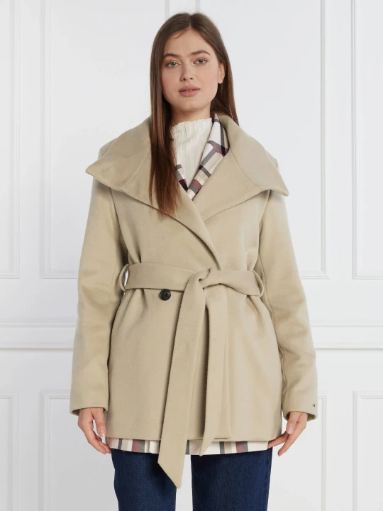 Zdjęcie produktu Tommy Hilfiger Płaszcz DB BELTED FUNNEL JKT | z dodatkiem wełny beżowy