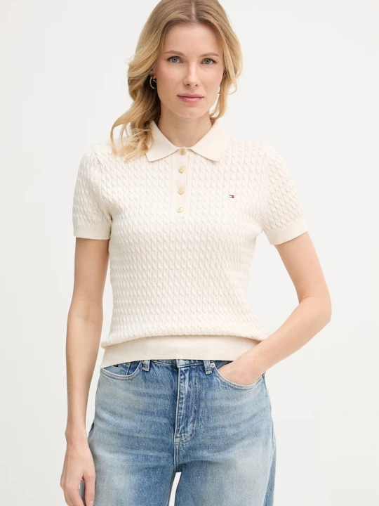 Zdjęcie produktu Tommy Hilfiger polo swetrowe damskie bawełniane beżowy