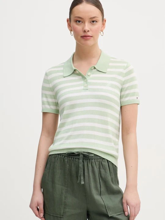 Zdjęcie produktu Tommy Hilfiger polo swetrowe damskie z dodatkiem jedwabiu zielony