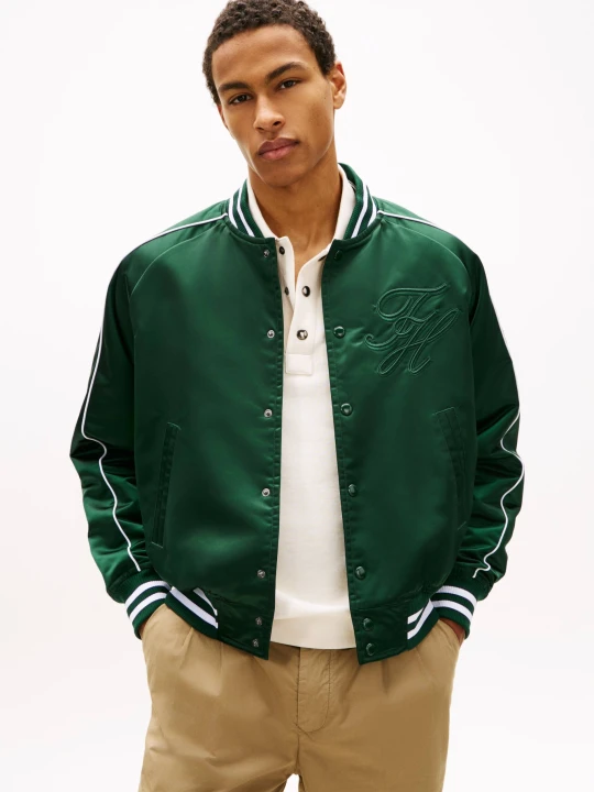 Zdjęcie produktu Tommy Hilfiger Satynowa kurtka bomber VARSITY | Loose fit butelkowa zieleń