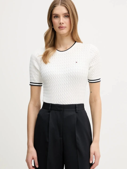 Zdjęcie produktu Tommy Hilfiger sweter z krótkim rękawem damski bawełniany beżowy