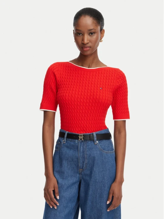 Zdjęcie produktu Tommy Hilfiger Sweter Fine Gg Cable Boat WW0WW50103 Czerwony Regular Fit