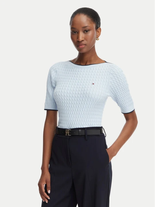 Zdjęcie produktu Tommy Hilfiger Sweter Fine Gg Cable Boat WW0WW50103 Niebieski jasny Regular Fit