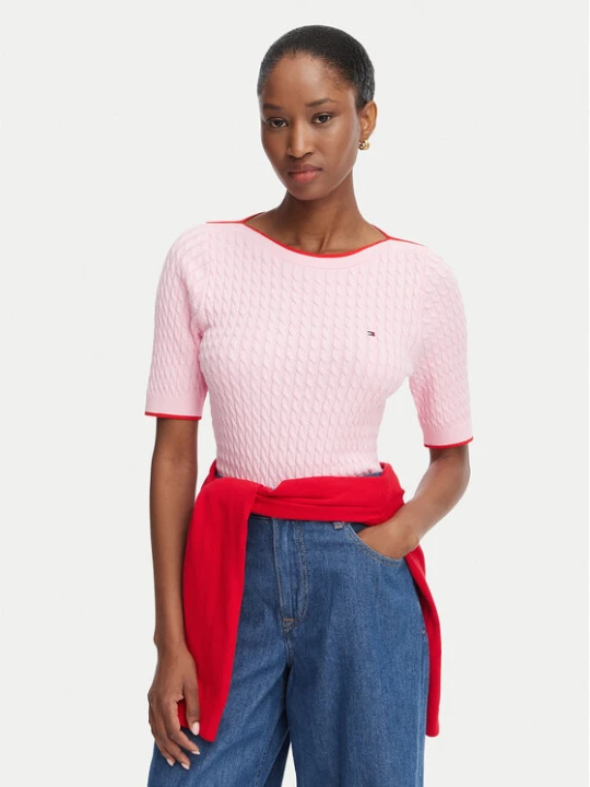 Zdjęcie produktu Tommy Hilfiger Sweter Fine Gg Cable Boat WW0WW50103 Różowy jasny Regular Fit