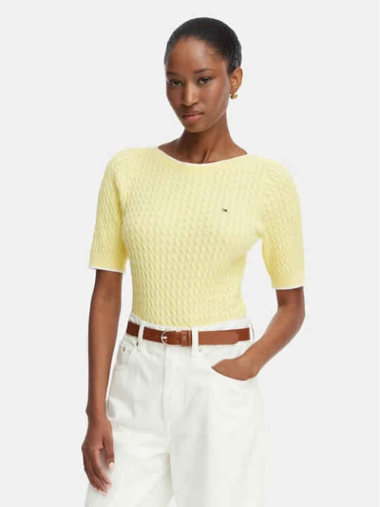 Zdjęcie produktu Tommy Hilfiger Sweter Fine Gg Cable Boat WW0WW50103 Żółty jasny Regular Fit