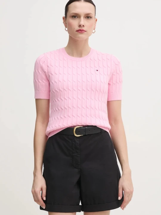 Zdjęcie produktu Tommy Hilfiger sweter z krótkim rękawem damski bawełniany różowy