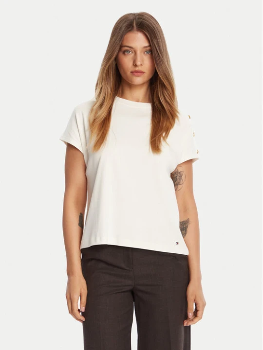 Zdjęcie produktu Tommy Hilfiger T-Shirt Gold Button WW0WW47455 Écru Regular Fit Kremowy