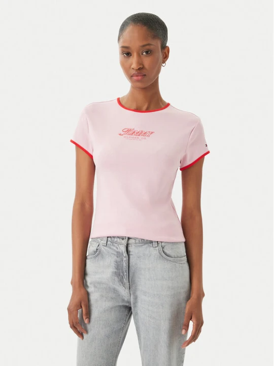 Zdjęcie produktu Tommy Hilfiger T-Shirt Logo Graphic Ringer WW0WW49245 Różowy jasny Slim Fit