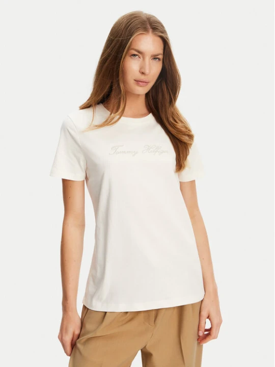 Zdjęcie produktu Tommy Hilfiger T-Shirt Script WW0WW47210 Écru Regular Fit Kremowy