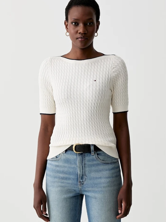 Zdjęcie produktu Tommy Hilfiger T-shirt swetrowy damski bawełniany beżowy