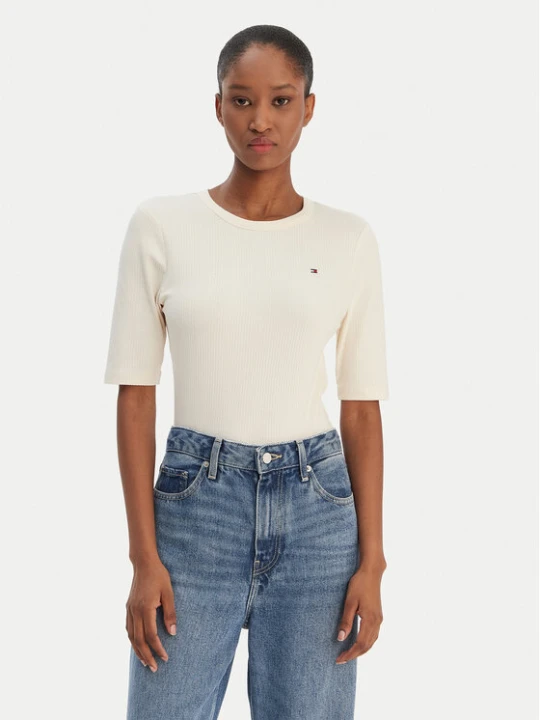Zdjęcie produktu Tommy Hilfiger T-Shirt WW0WW47308 Écru Slim Fit Kremowy
