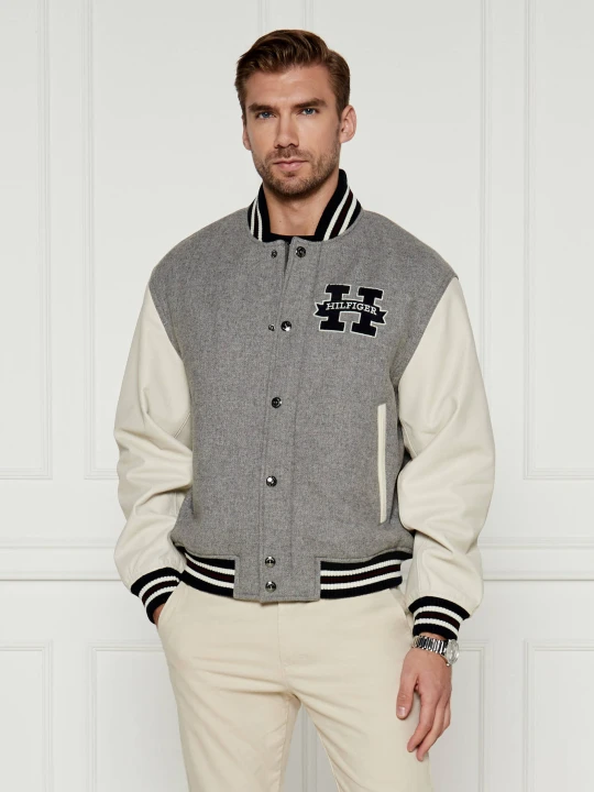 Zdjęcie produktu Tommy Hilfiger Wełniana kurtka | Regular Fit | z dodatkiem skóry szary