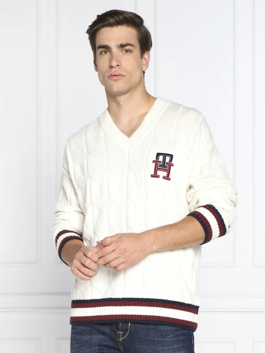 Zdjęcie produktu Tommy Hilfiger Wełniany sweter MONOGRAM CABLE CRICKET | Oversize fit kremowy