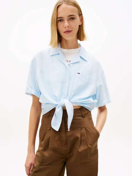 Zdjęcie produktu Tommy Jeans bluzka kopertowa z lnem Kobiety len niebieski