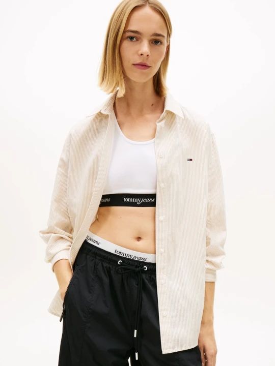 Zdjęcie produktu Tommy Jeans bluzka koszulowa z zawartością lnu Kobiety Bawełna beżowy