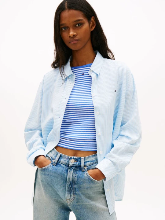 Zdjęcie produktu Tommy Jeans bluzka koszulowa z zawartością lnu Kobiety Bawełna niebieski