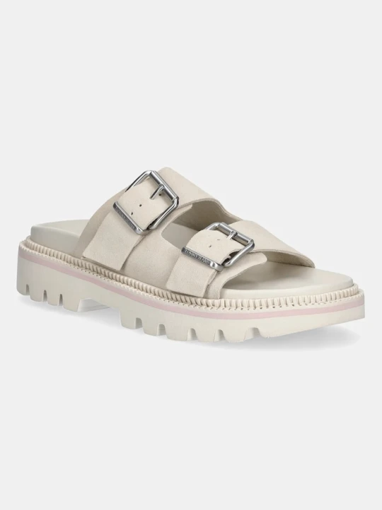 Zdjęcie produktu Tommy Jeans klapki zamszowe DOUBLE STRAP SANDAL SUEDE beżowy