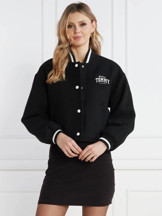 Zdjęcie produktu Tommy Jeans Kurtka bomber TJW CRP WOOL VARSITY | Cropped Fit | z dodatkiem wełny czarny