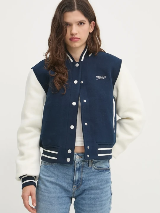 Zdjęcie produktu Tommy Jeans kurtka bomber z domieszką wełny granatowy