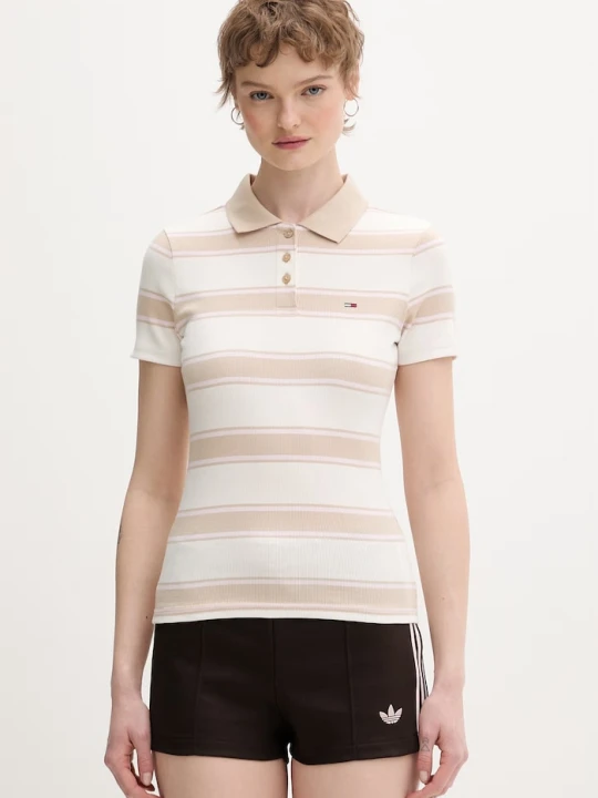 Zdjęcie produktu Tommy Jeans polo damskie bawełniane z elastanem beżowy