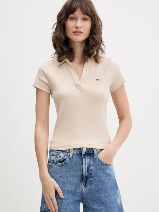 Zdjęcie produktu Tommy Jeans polo damskie bawełniane z elastanem beżowy