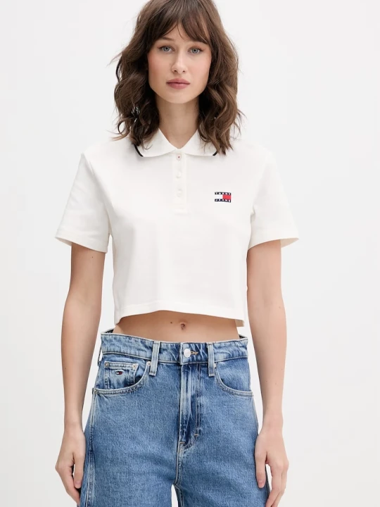 Zdjęcie produktu Tommy Jeans polo damskie bawełniane z elastanem beżowy