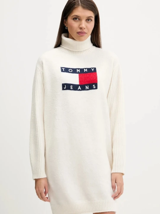 Zdjęcie produktu Tommy Jeans sukienka z domieszką wełny beżowy