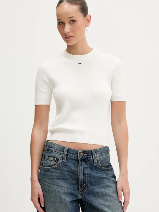 Zdjęcie produktu Tommy Jeans sweter z krótkim rękawem damski bawełniany beżowy
