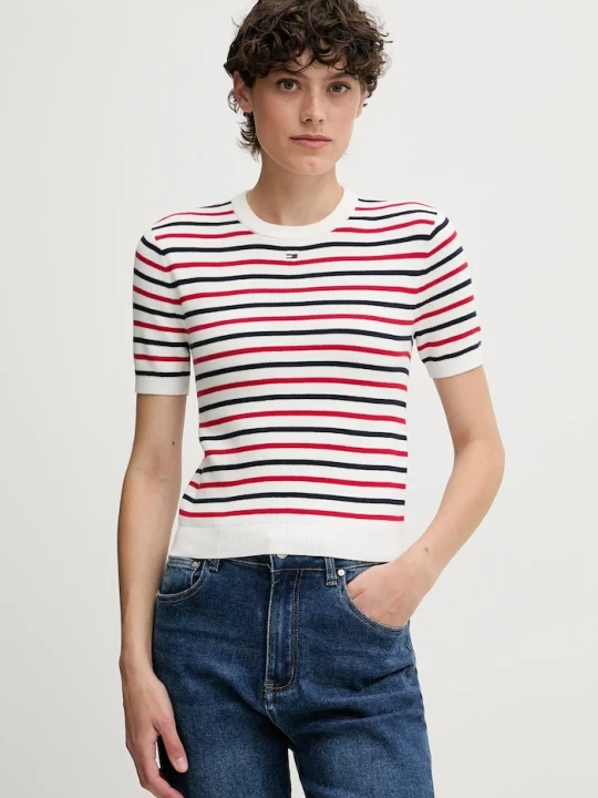 Zdjęcie produktu Tommy Jeans sweter z krótkim rękawem damski bawełniany biały