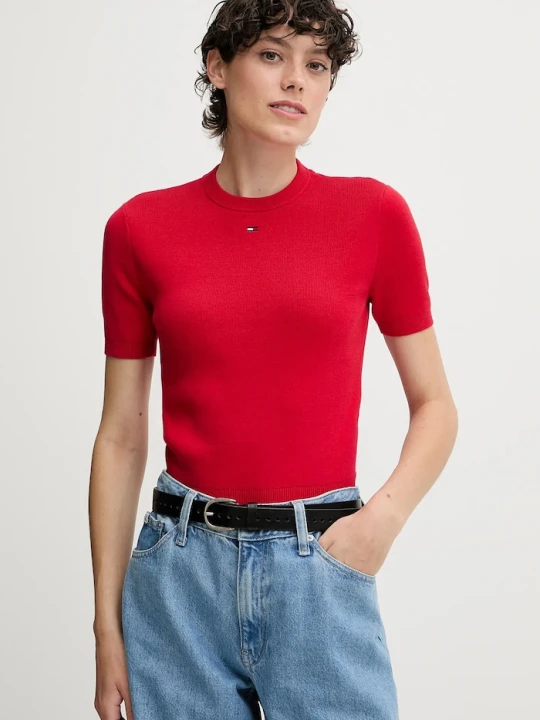 Zdjęcie produktu Tommy Jeans sweter z krótkim rękawem damski bawełniany czerwony