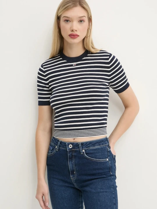 Zdjęcie produktu Tommy Jeans sweter z krótkim rękawem damski bawełniany granatowy