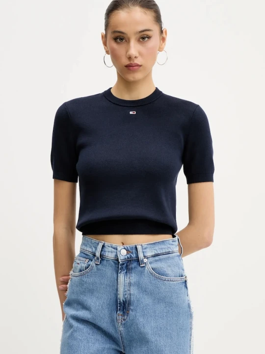 Zdjęcie produktu Tommy Jeans sweter z krótkim rękawem damski bawełniany granatowy