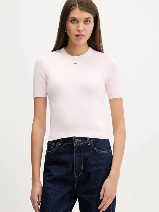 Zdjęcie produktu Tommy Jeans sweter z krótkim rękawem damski bawełniany różowy