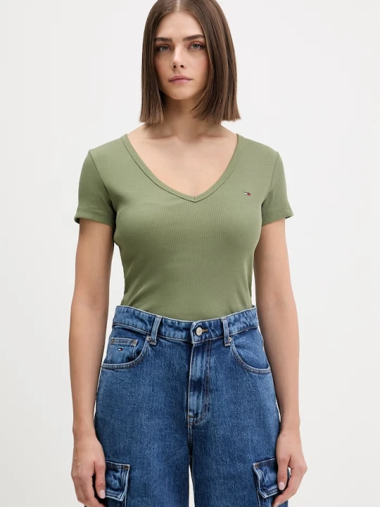 Zdjęcie produktu Tommy Jeans T-shirt damski bawełniany z elastanem zielony