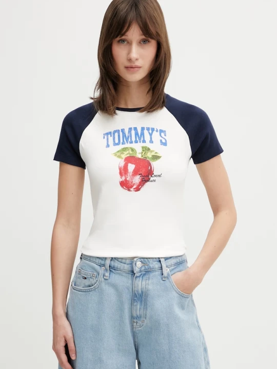 Zdjęcie produktu Tommy Jeans T-shirt damski bawełniany z elastanem beżowy