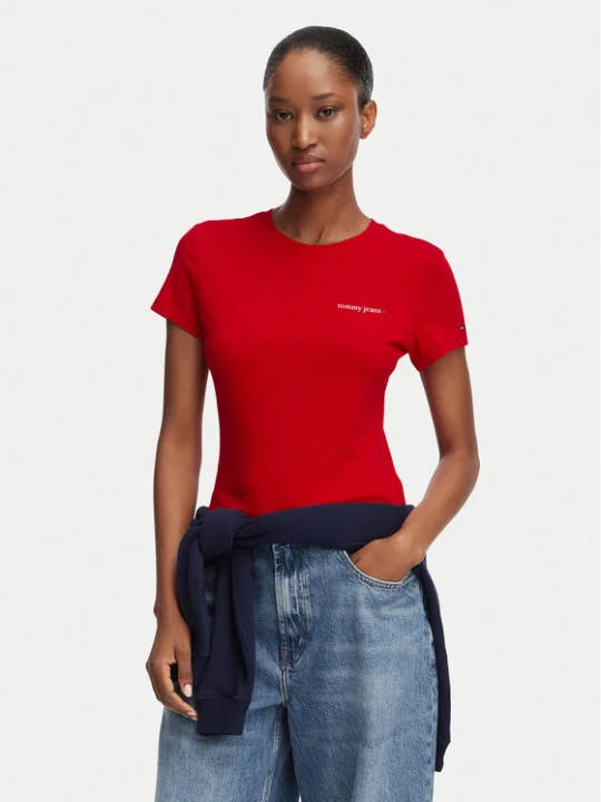 Zdjęcie produktu Tommy Jeans T-Shirt Ess Logo DW0DW23479 Czerwony ciemny Slim Fit