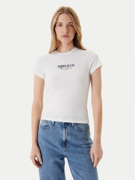 Zdjęcie produktu Tommy Jeans T-Shirt Logo Pointelle DW0DW20899 Écru Slim Fit Kremowy