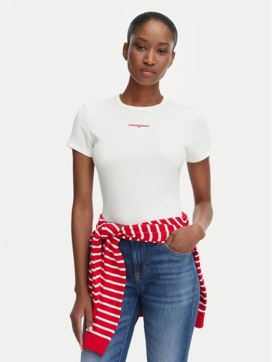 Zdjęcie produktu Tommy Jeans T-Shirt Script Rib DW0DW22809 Kremowy Slim Fit