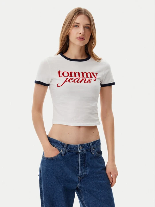 Zdjęcie produktu Tommy Jeans T-Shirt Script Ringer DW0DW20631 Écru Slim Fit Kremowy