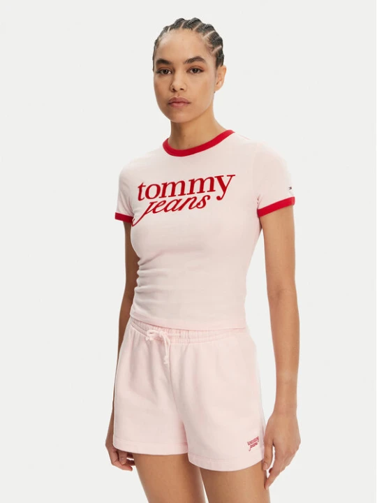 Zdjęcie produktu Tommy Jeans T-Shirt Script Ringer DW0DW20631 Różowy Slim Fit