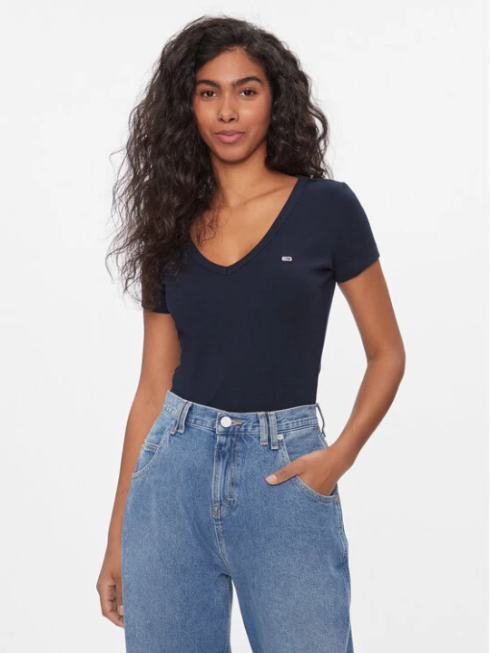 Zdjęcie produktu Tommy Jeans T-Shirt Tjw Slim Essential Rib V Ss DW0DW17385 Granatowy Slim Fit