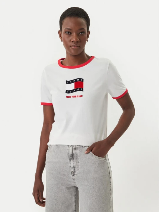 Zdjęcie produktu Tommy Jeans T-Shirt Wavy Flag Contrast Ringer DW0DW22306 Biały Regular Fit